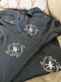 T-shirt with medallion size graphic on front & lettering on back